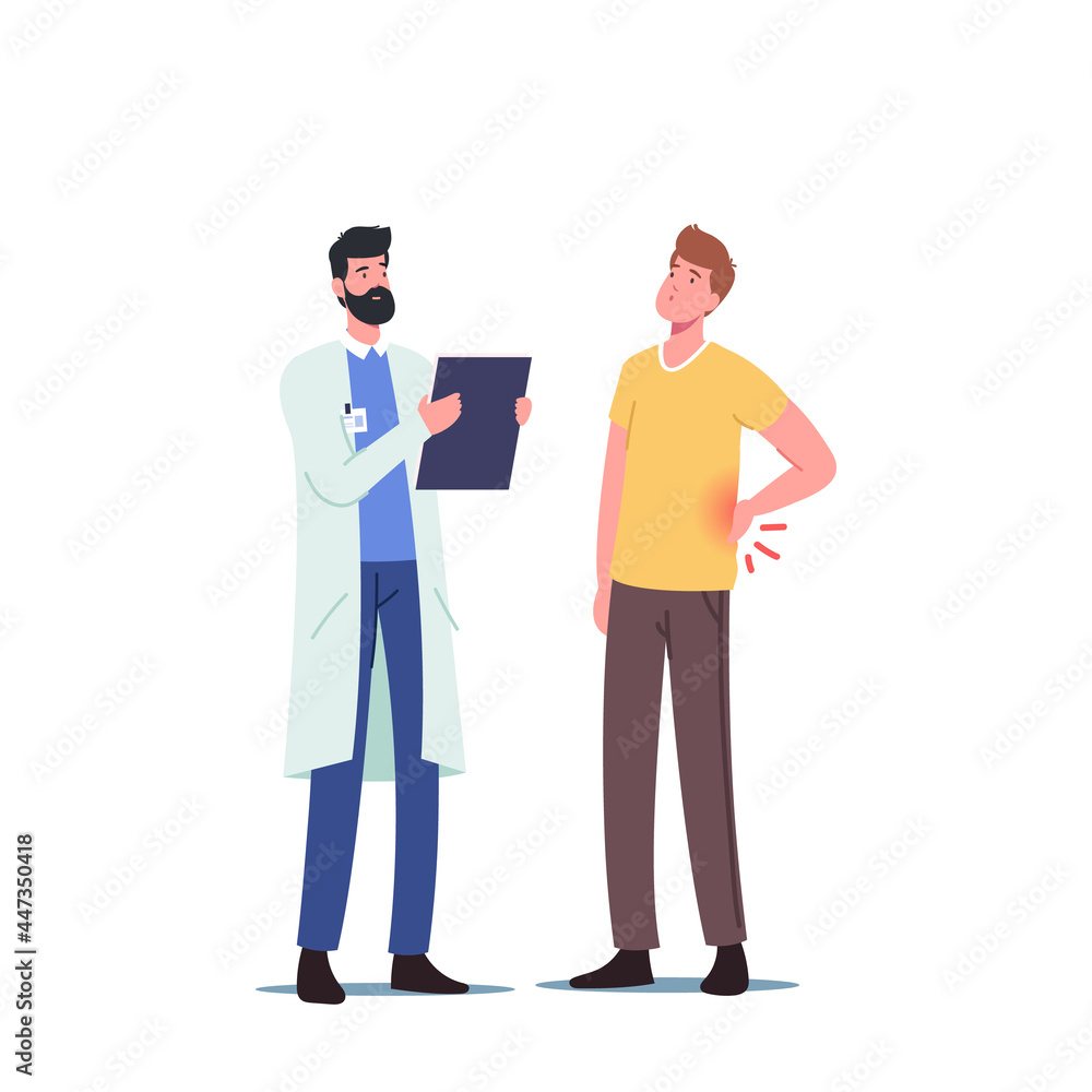 Backache Sickness. Diseased Patient Male Character at Doctor Appointment with Back Pain, Muscular Inflammation or Injury Backache Sickness. Diseased Patient Male Character at Doctor Appointment with Back Pain, Muscular Inflammation or Injury