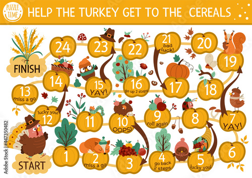 Thanksgiving Day dice board game for children with cute turkey and forest animals. Autumn holiday boardgame with pumpkin, harvest, trees. Fall activity or printable worksheet for kids..