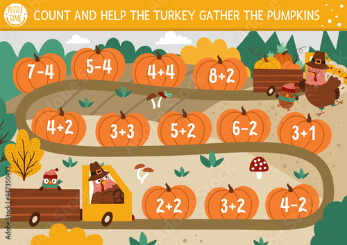 Thanksgiving Day counting dice board game for children with cute turkey driving a car with pumpkins. Autumn holiday boardgame with numbers. Fall math activity or printable worksheet for kids..