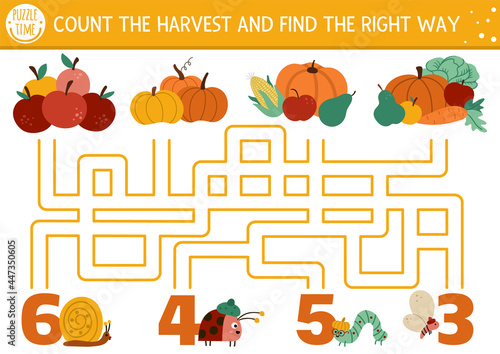 Thanksgiving Day maze for children. Autumn holiday preschool printable counting activity. Fall labyrinth game or math puzzle with cute vegetables, insects. Count harvest and fond the right way.
