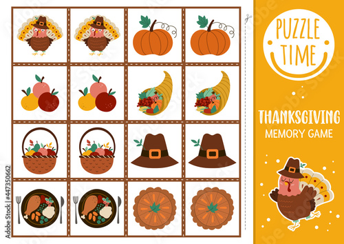 Vector Thanksgiving memory game cards with cute traditional holiday symbols. Autumn matching activity. Remember and find correct card. Simple fall printable worksheet for kids with turkey .