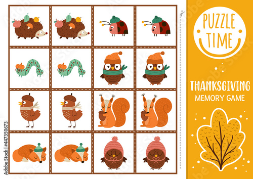 Vector autumn forest memory game cards with cute animals, birds, insects. Fall matching activity. Remember and find correct card. Simple fall printable worksheet for kids with squirrel, owl.