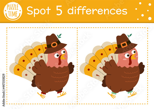 Find differences game for children. Thanksgiving educational activity with funny turkey. Printable worksheet with cute bird. Autumn holiday puzzle for kids. Fall preschool sheet.