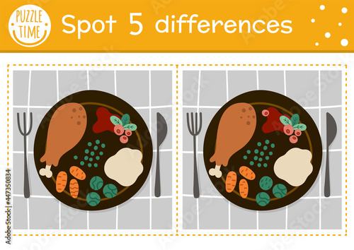 Find differences game for children. Thanksgiving educational activity with traditional food on a plate. Printable worksheet with holiday meal. Autumn holiday puzzle for kids. Fall preschool sheet.
