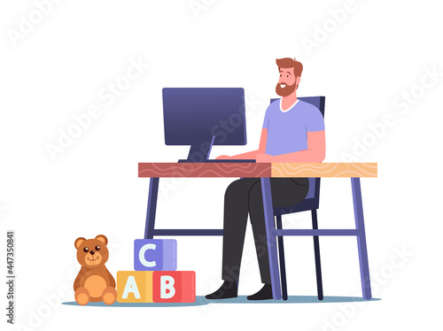 Relaxed Man Working on Computer Sitting at Home Desk Workplace with Kids Toys on Floor. Freelancer Character, Freelance