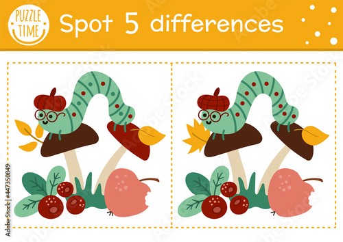 Find differences game for children. Autumn forest educational activity with caterpillar and mushroom. Printable worksheet with cute insect. Woodland puzzle for kids. Fall preschool sheet.