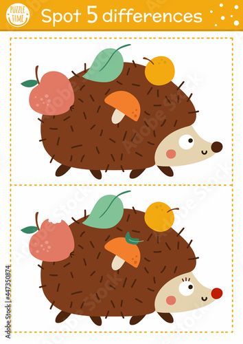 Find differences game for children. Autumn forest educational activity with hedgehog and mushroom. Printable worksheet with cute animal. Woodland puzzle for kids. Fall preschool sheet.