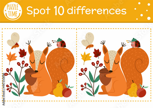 Find differences game for children. Autumn forest educational activity with squirrel and acorn. Printable worksheet with cute animal. Woodland puzzle for kids. Fall preschool sheet.