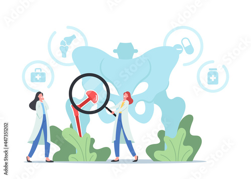 Tiny Doctors Characters with Magnifying Glass at Huge Human Pelvic Bones with Total Hip Prosthesis Implant, Arthroplasty