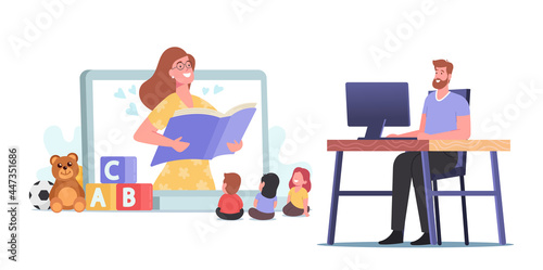 Virtual Baby Sitter, Online Babysitting Service, Remote Teaching Concept. Female Nanny Character Entertaining Kids