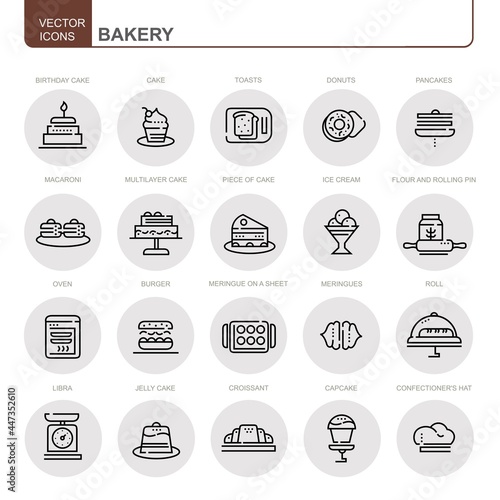 Bakery products. Set of vector, linear icons. The set includes icons such as cake, meringue, croissant, dessert and others. 