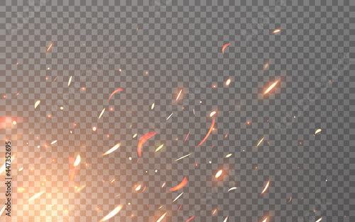 Fire sparks. Flying particles on transparent backdrop. Realistic flame elements. Burning orange fire flying up. Bright lighting effect. Bonfire with flying sparks. Vector illustration