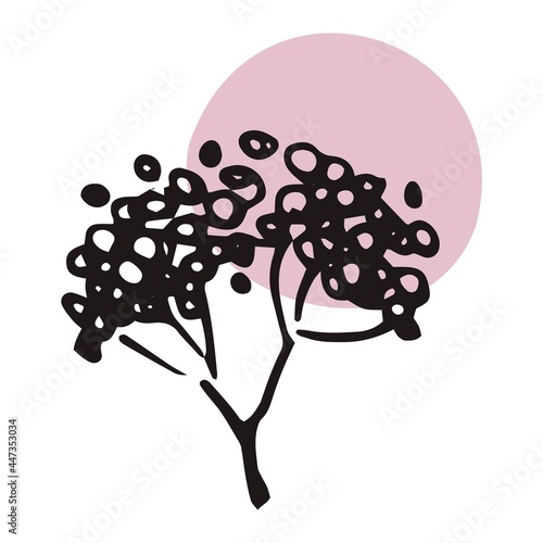 The plant is drawn by hand with a pen and translated into vector format. In the background there is an abstract colored spot. Stock vector illustration. For garment decoration, packaging, interior