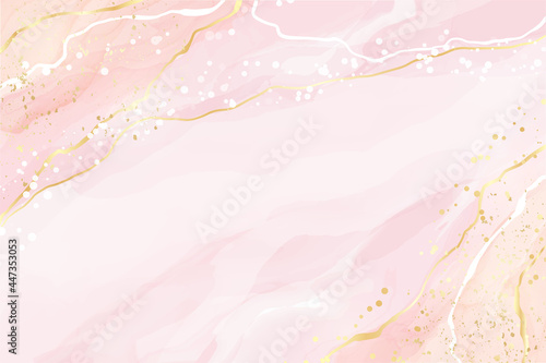 Abstract rose blush liquid watercolor background with golden lines, dots and stains. Pastel marble alcohol ink drawing effect. Vector illustration design template for wedding invitation