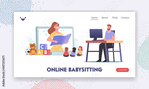 Online Babysitting Service Landing Page Template. Virtual Baby Sitter, Remote Teaching. Nanny Character Entertain Kids