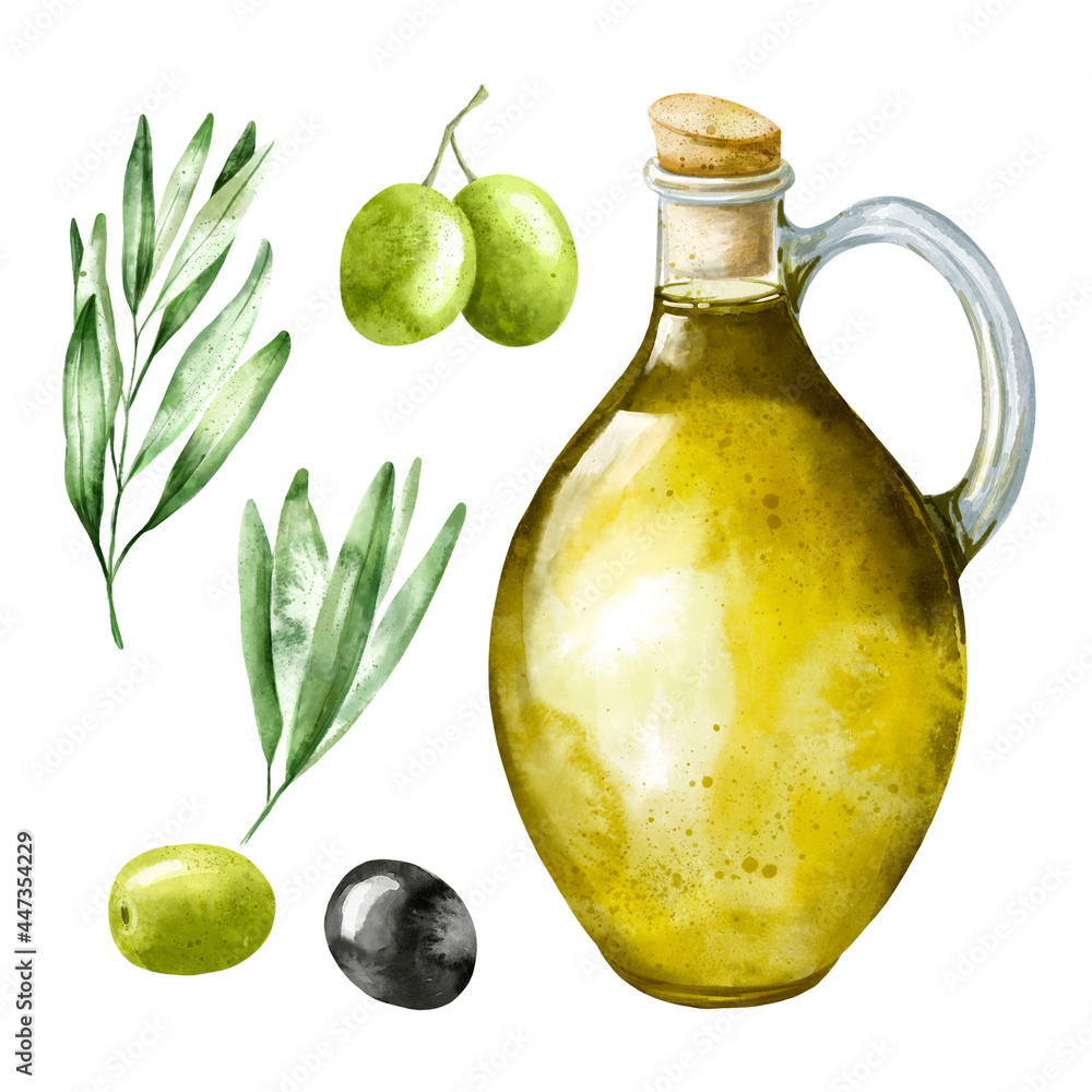 Bottle of oil and olives on white background. Food illustration. Bottle of oil and olives on white background. Food illustration.