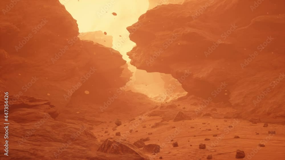 The surface of the red deserted planet Mars during a strong sandstorm. Mars colonization and space travel concept. The animation is designed for futuristic, sci-fi or space travel.