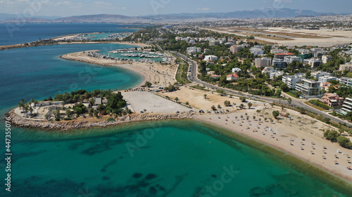Aerial drone photo of 4th Marina of Glyfada a popular yacht anchorage with calm water beach next to it, Athens riviera, Attica, Greece