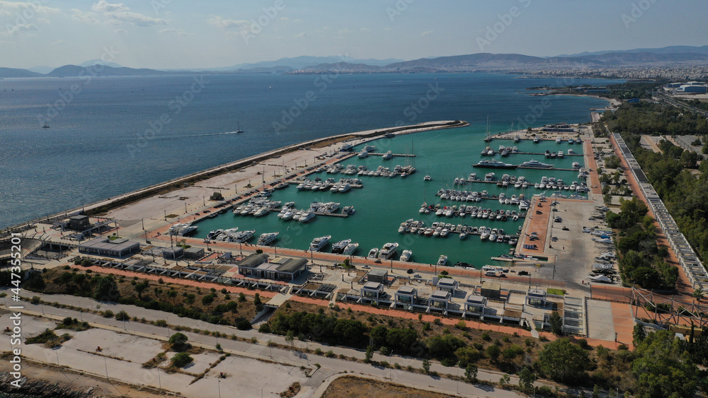 Aerial drone photo of famous Agios Kosmas marina a popular luxury yacht anchorage in Athens riviera next to former Athens international airport, Elliniko, Attica, Greece