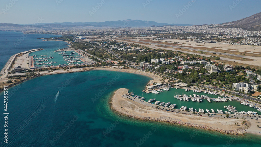 Aerial drone photo of 4th Marina of Glyfada a popular yacht anchorage with calm water beach next to it, Athens riviera, Attica, Greece