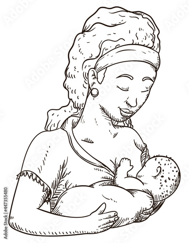 Beautiful drawing of lovely mother breastfeeding her baby, Vector illustration