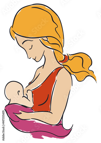 Breastfeeding scene of blond and young mother with her baby, Vector illustration