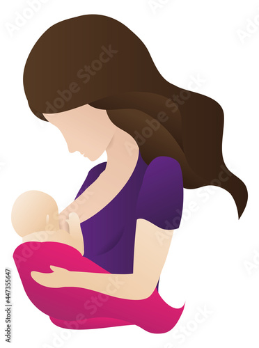 Long haired mommy breastfeeding her baby, Vector illustration