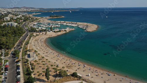 Aerial drone photo of popular main public beach of Glyfada with crystal clear sea, Athens riviera, Attica, Greece