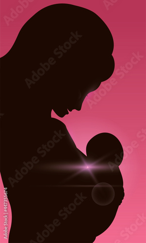 Beautiful backlighting silhouette of mom breastfeeding her baby, Vector illustration