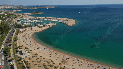 Aerial drone photo of popular main public beach of Glyfada with crystal clear sea, Athens riviera, Attica, Greece