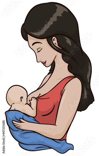 Lovely brunette mom in cartoon style with her baby, Vector illustration