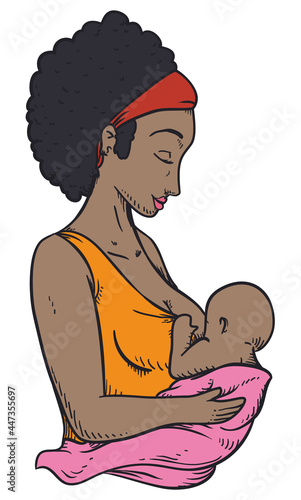 Drawing of a dark-skinned mom breastfeeding her baby, Vector illustration