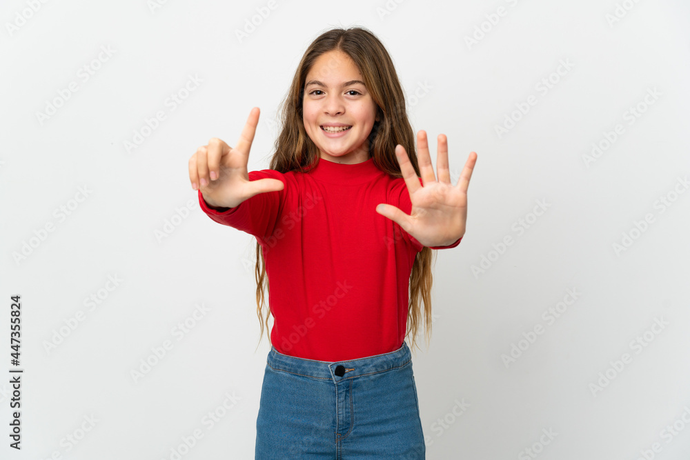 Little girl over isolated white background counting seven with fingers Little girl over isolated white background counting seven with fingers