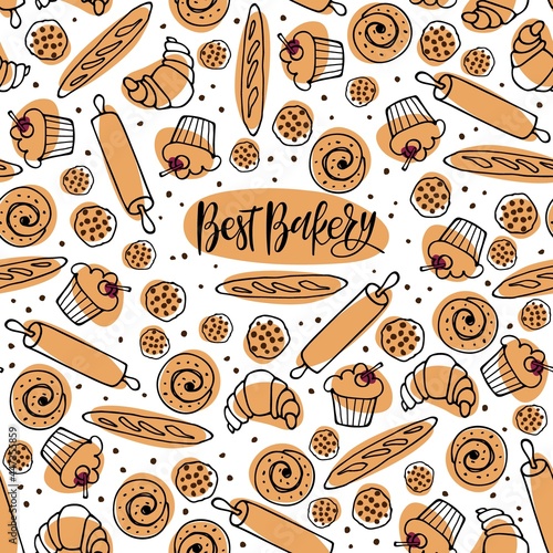 Seamless pattern with baking and Best Bakery calligraphy letteing. Sketch various pastries for digital paper, textile fabric, wrapping. Sweet baked food cupcake, bun, loaf, cookies, croissant and roll