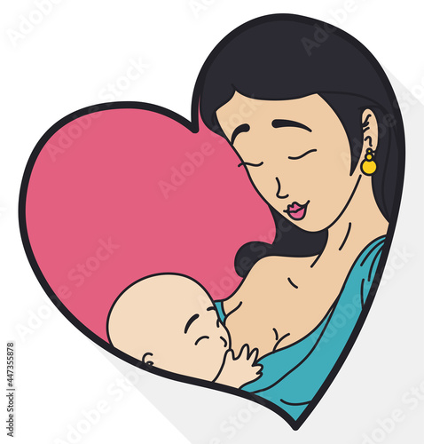 Heart with scene of mom breastfeeding her baby, Vector illustration