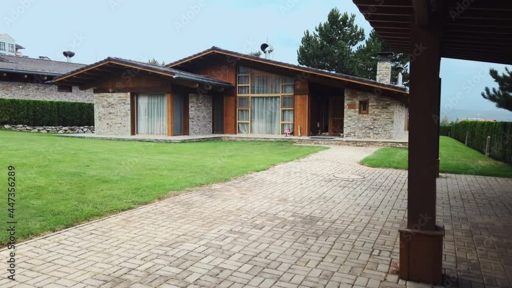 Contemporary wood and stone mountain vila house, establishment shot Contemporary wood and stone mountain vila house, establishment shot