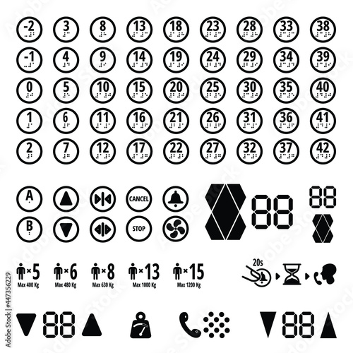 Elevator buttons, icons, controls and indicators vector template.