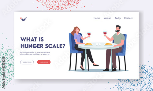 What is Hunger Scale Landing Page Template. Happy Couple Male and Female Characters Dating in Restaurant