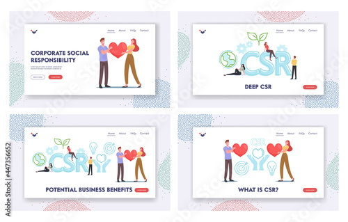 Csr Landing Page Template Set. Corporate Responsibility, Social Citizenship. Tiny Businesspeople Characters Hold Heart