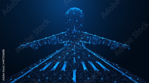 The plane takes off from the runway. A low-poly model of air transport. Blue background.