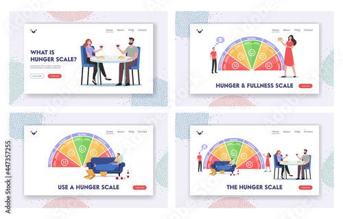 Hunger Scale Landing Page Template Set. Characters Starving, Ravenous, Growling, Hungry. Neutral, Satisfied, Full