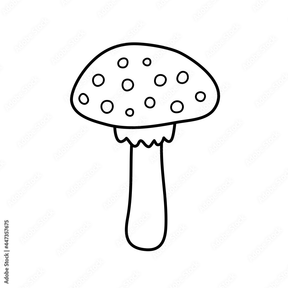 Fly agaric in doodle style in black. Vector illustration in a linear style. It is perfect as a logo, icon or element for coloring Fly agaric in doodle style in black. Vector illustration in a linear style. It is perfect as a logo, icon or element for coloring