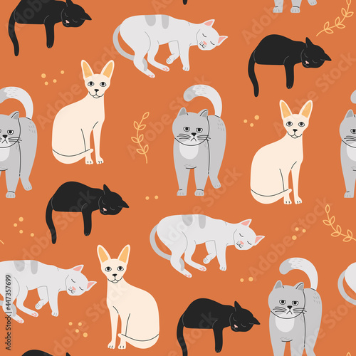 Funny cute cats seamless pattern. Childish animal orange repeat background, simple pets ornament for wallpaper, or wrapping paper, modern trendy hand drawn vector illustration, flat cartoon style