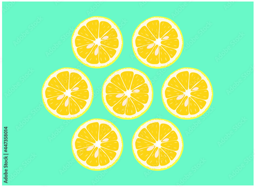 Obraz premium Seven slices of lemons on light blue background