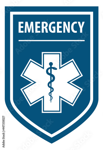Emergency Paramedic text on shield label with symbol Star of Life emblem. Medical icon of emergency or ambulance paramedic.
