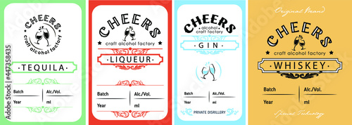Set of label design with ethnic elements in thin line style. Alcohol industry emblem, distillation business. Monochrome, black on white. Place for text