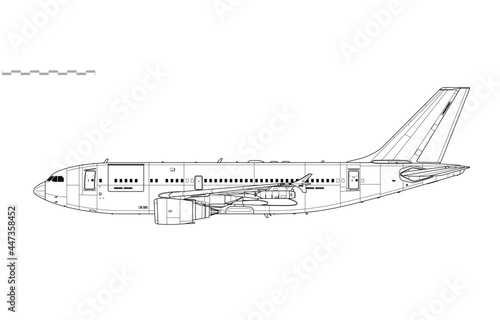 Airbus CC-150 Polaris. Vector drawing of aerial refueling tanker and transport aircraft. Side view. Image for illustration and infographics.