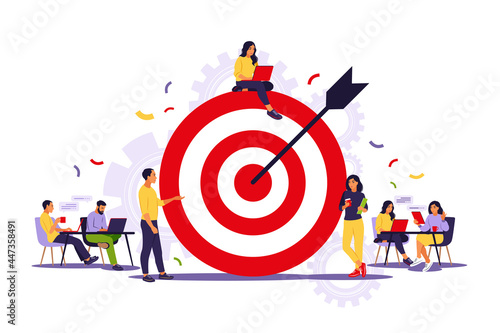 Business team achieving goal. Marketing strategy concept. People near huge target with arrow. Vector illustration. Isolated flat.