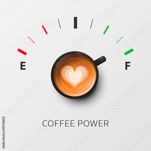 Coffee Power. Vector 3d Realistic Black Mug with Milk Coffee and Fuel Gauge. Vapuccino, Latte. Concept Banner with Coffee Cup. Heart Pattern. Design Template. Top View