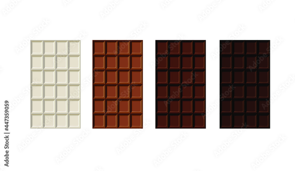 Vector Set of Different Chocolate Bars Isolated on White Background, White, Milk, Dark and Bitter Chocolate.
Vector Set of Different Chocolate Bars Isolated on White Background, White, Milk, Dark and Bitter Chocolate.